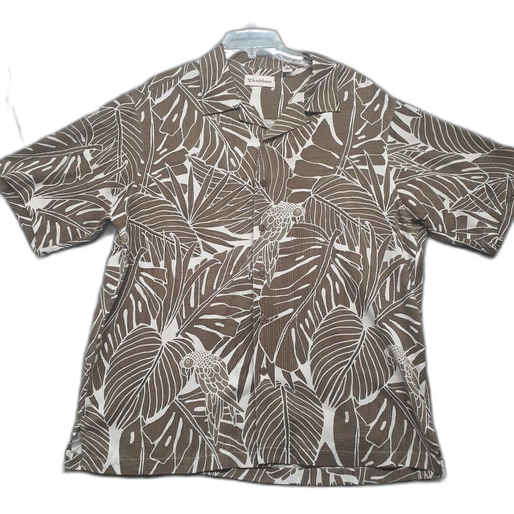 CARIBBEAN Men Sz L Brown Ivory Silk Blend Button Up Hawaiian Shirt Short Sleeve